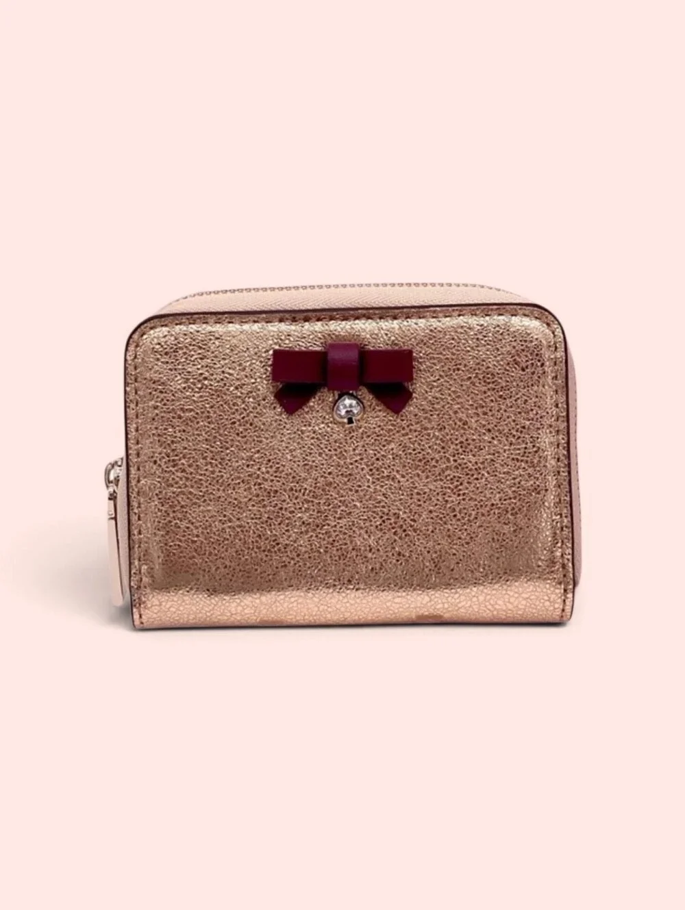 NWT Kate Spade / Wrapping Party - Glittering Rose Gold / Small Zip Card Wallet